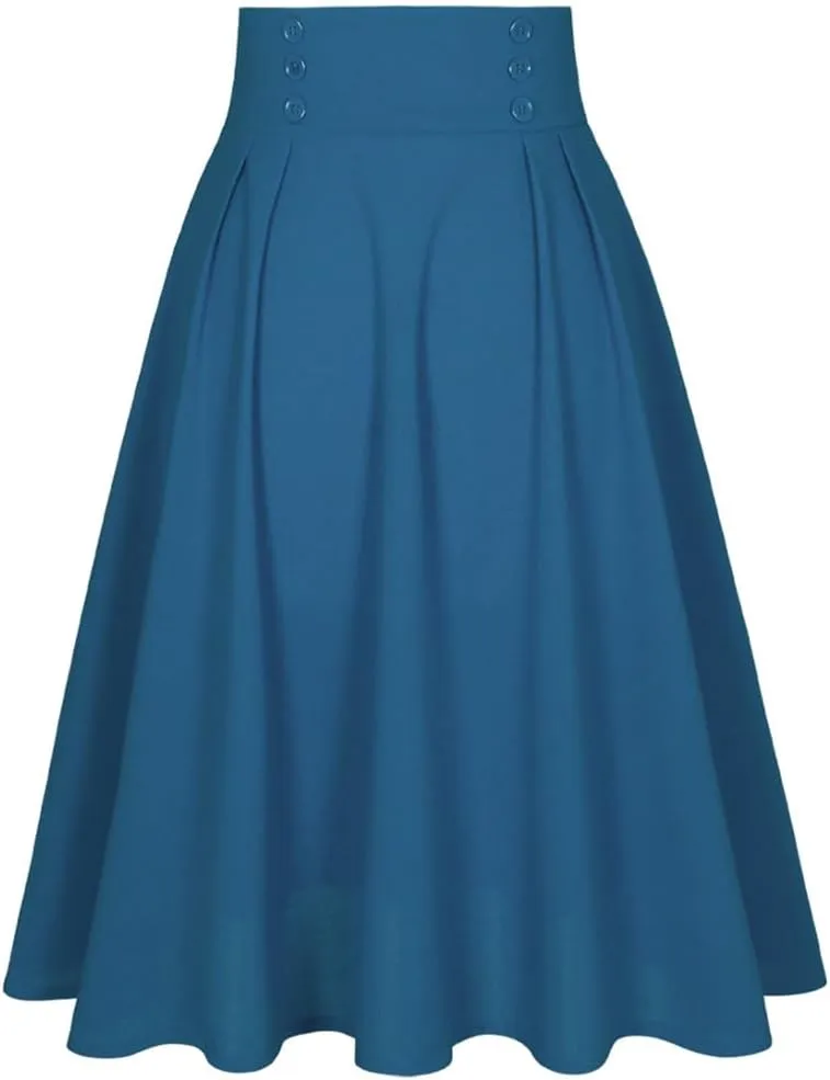 Rfmfkkg Women Elastic Waist Skirt Pleated Solid Color Flare Midi Skirts Office Work Skirt