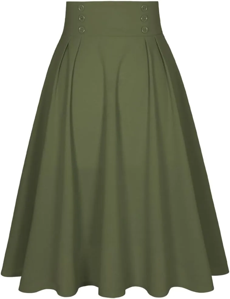Rfmfkkg Women Elastic Waist Skirt Pleated Solid Color Flare Midi Skirts Office Work Skirt