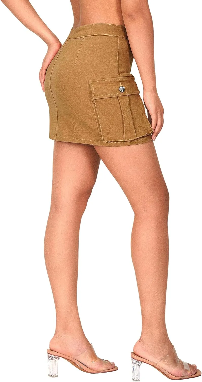 roswear Womens High Waisted Summer Bodycon Denim Y2k Skirts Stretchy Cute Jean Mini Cargo Skirts with Pockets