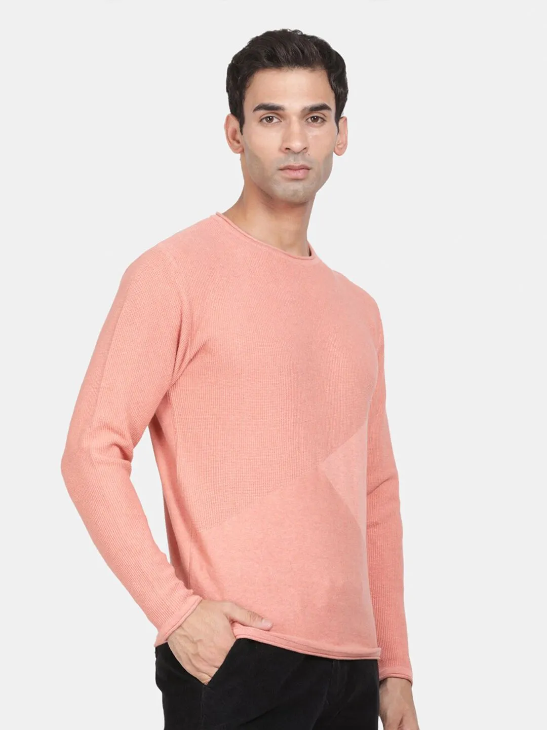 Round Neck Apricot Melange Full Sleeve Pullover