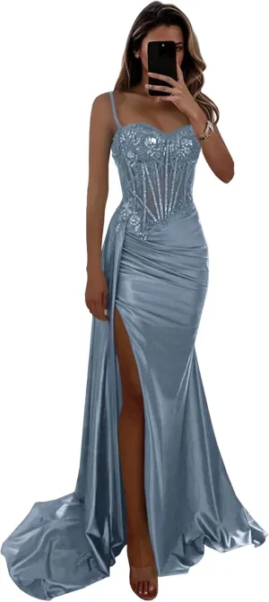 Satin Corset Prom Dresses Lace Applique Mermaid Spartkly Spaghetti Straps Formal Evening Gowns with Slit