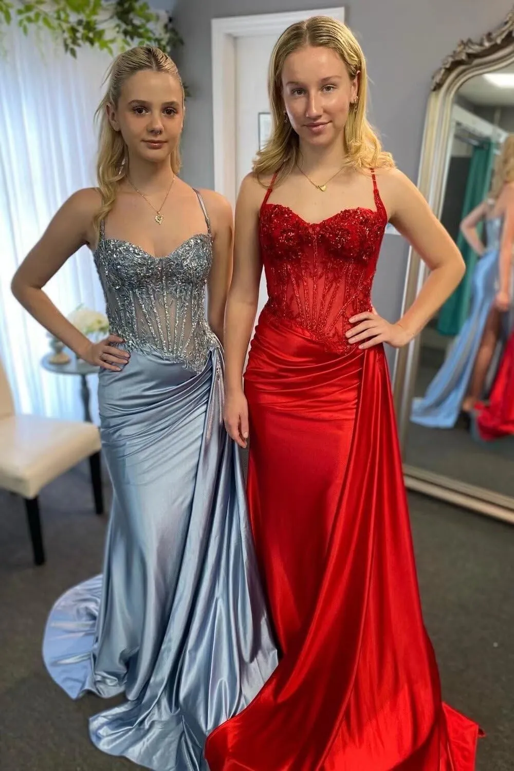 Satin Corset Prom Dresses Lace Applique Mermaid Spartkly Spaghetti Straps Formal Evening Gowns with Slit