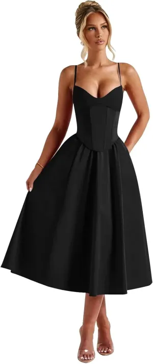 Satin Tea Length Formal Dresses for Women A-Line Backless Corset Prom Dress Cocktail Gowns