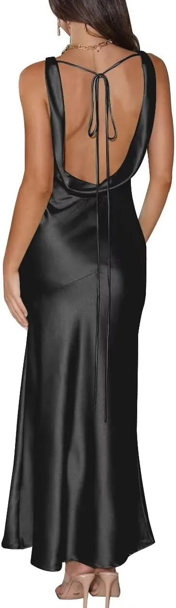 Satin V Neck Maxi Wedding Guest Dress Sleeveless Backless Tie Back Bridesmaid Dresses Formal Cocktail Party Gowns