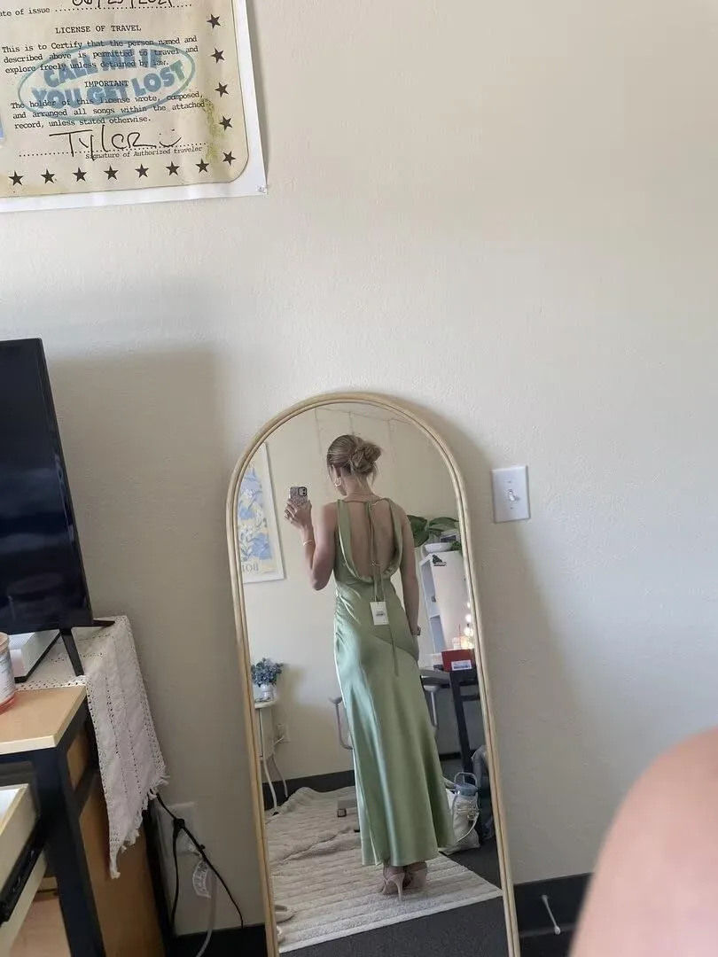 Satin V Neck Maxi Wedding Guest Dress Sleeveless Backless Tie Back Bridesmaid Dresses Formal Cocktail Party Gowns