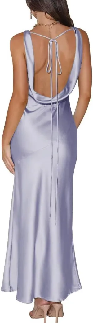 Satin V Neck Maxi Wedding Guest Dress Sleeveless Backless Tie Back Bridesmaid Dresses Formal Cocktail Party Gowns