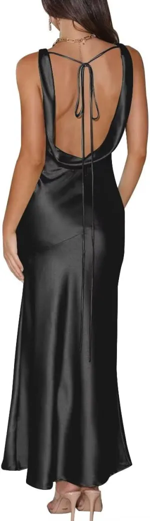 Satin V Neck Maxi Wedding Guest Dress Sleeveless Backless Tie Back Bridesmaid Dresses Formal Cocktail Party Gowns