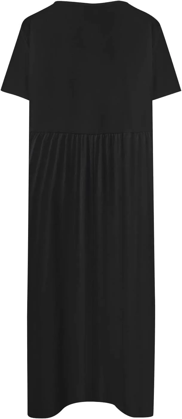 Segaven Dresses for Women 2024 Printed Round Neck Long Dresses Pocket Pleated Dresses Short Sleeve Casual Maxi Dress