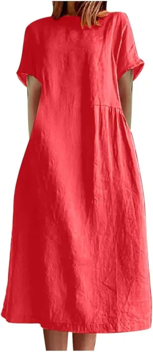 Short Sleeve Midi Dress for Women Summer Cotton Linen Dresses Flowy A Line Plus Size Dresses Shirt Dress with Pocket