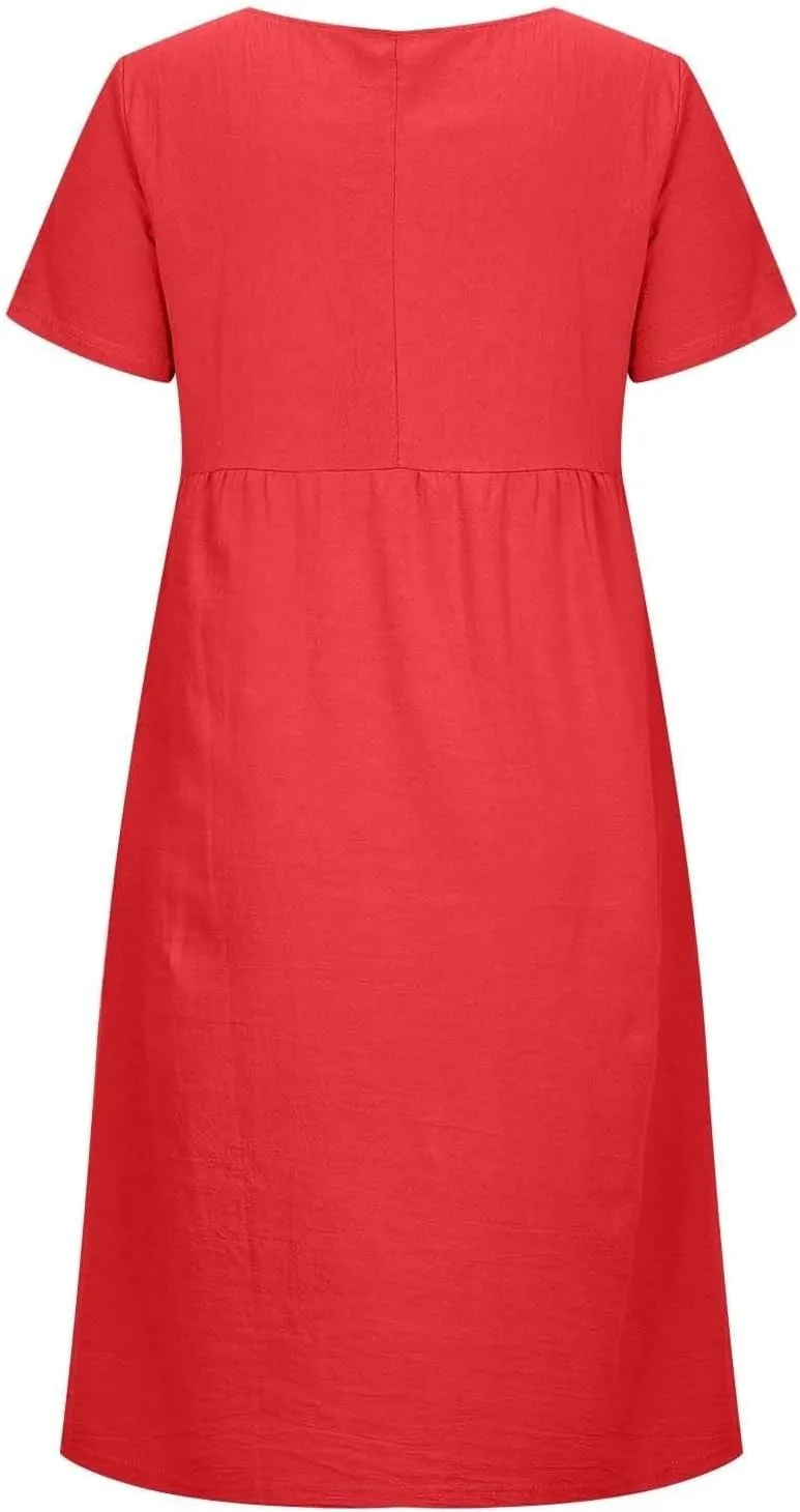 Short Sleeve Midi Dress for Women Summer Cotton Linen Dresses Flowy A Line Plus Size Dresses Shirt Dress with Pocket