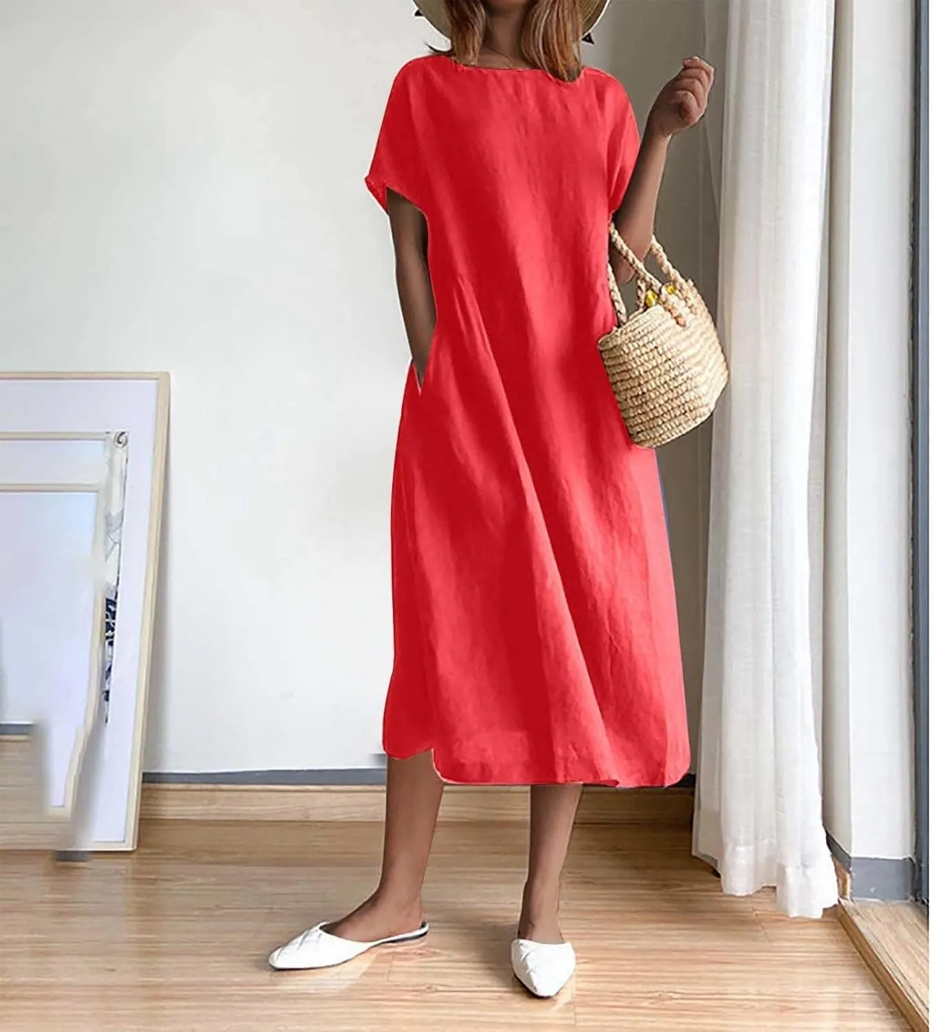 Short Sleeve Midi Dress for Women Summer Cotton Linen Dresses Flowy A Line Plus Size Dresses Shirt Dress with Pocket