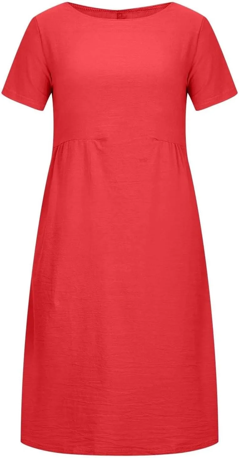 Short Sleeve Midi Dress for Women Summer Cotton Linen Dresses Flowy A Line Plus Size Dresses Shirt Dress with Pocket