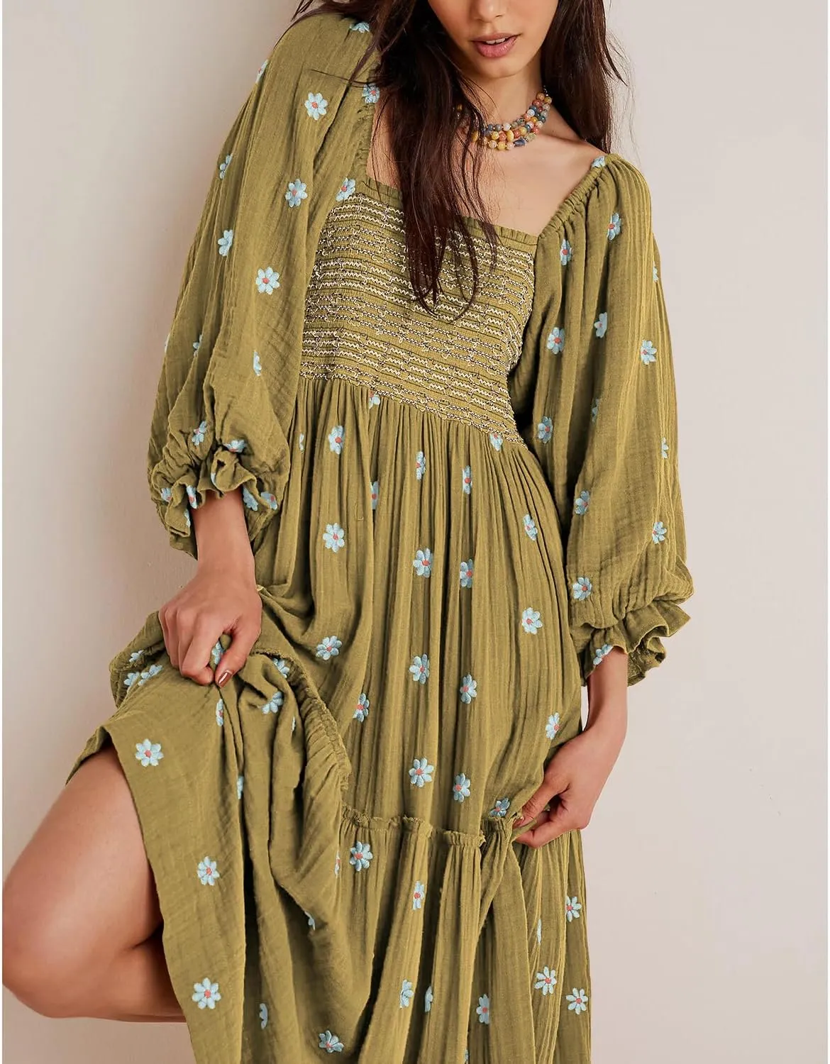 Shy Velvet Women's Summer Dresses 2024 Maxi Dress Long Sleeve Square Neck Embroidered Maxi Dress