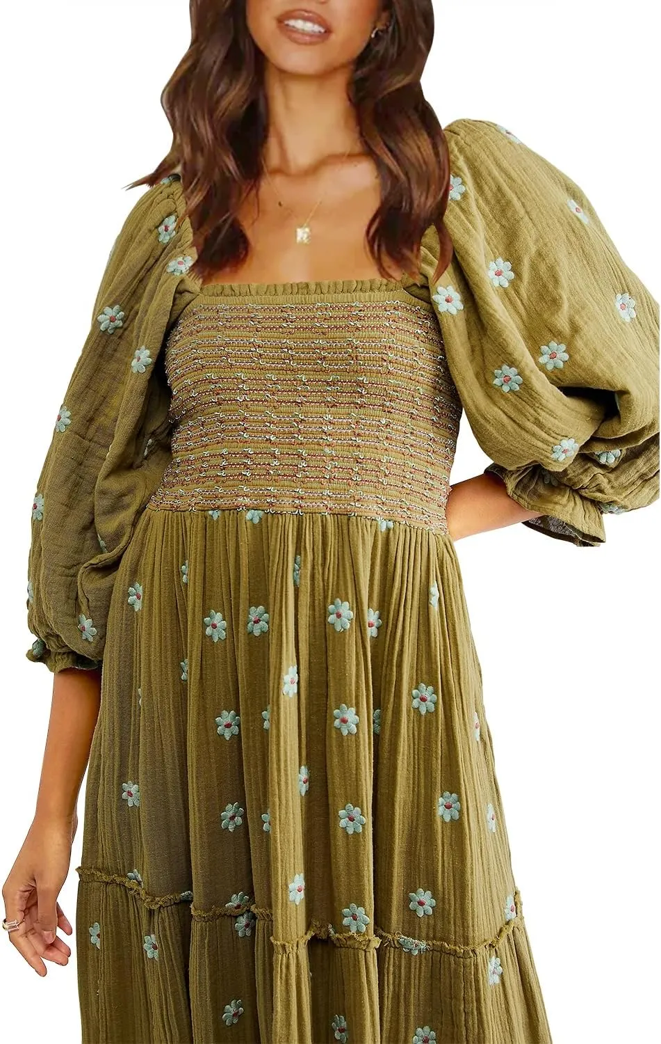 Shy Velvet Women's Summer Dresses 2024 Maxi Dress Long Sleeve Square Neck Embroidered Maxi Dress