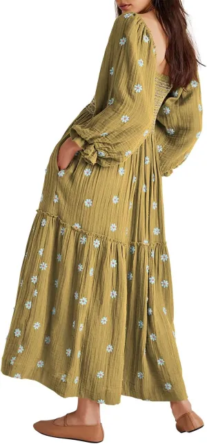 Shy Velvet Women's Summer Dresses 2024 Maxi Dress Long Sleeve Square Neck Embroidered Maxi Dress