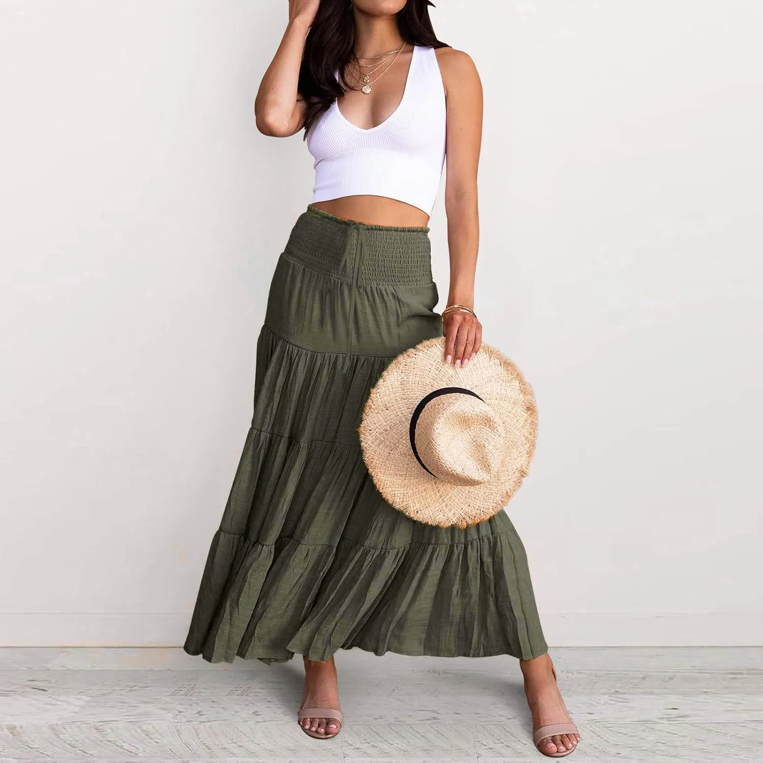 Solid Renaissance Skirt A Line Summer Pleated Boho High Rise Knee Length Skirts for Women Robe High Waist Cute Dress