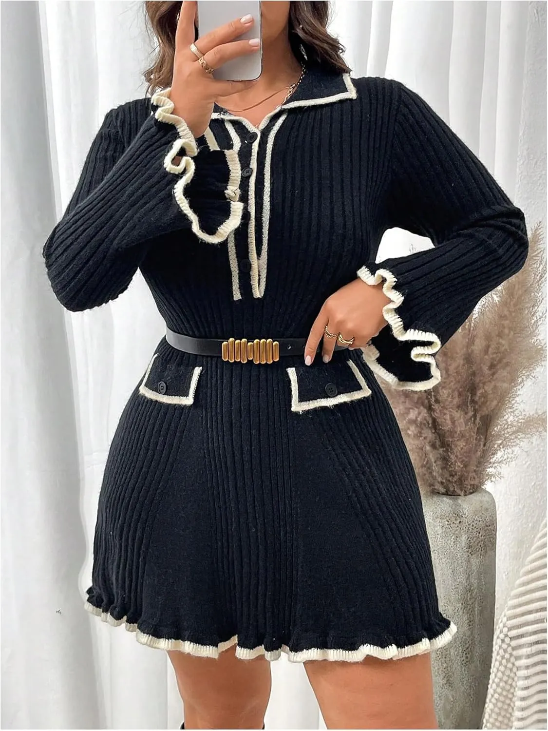 SOLY HUX Women's Plus Size Long Sleeve Knitted Sweater Dress Half Button Down Collar Bodycon Mini Dresses