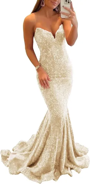Sparkly Sequin Mermaid Prom Dresses Strapless Long V Neck Formal Evening Party Gowns for Women