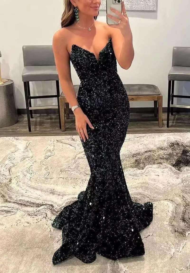 Sparkly Sequin Mermaid Prom Dresses Strapless Long V Neck Formal Evening Party Gowns for Women
