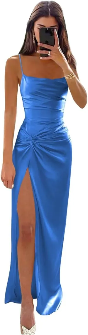 Square Neck Mermaid Bridesmaid Dresses for Wedding Spaghetti Straps Pleated Backless Prom Dress Ball Gown with Slit