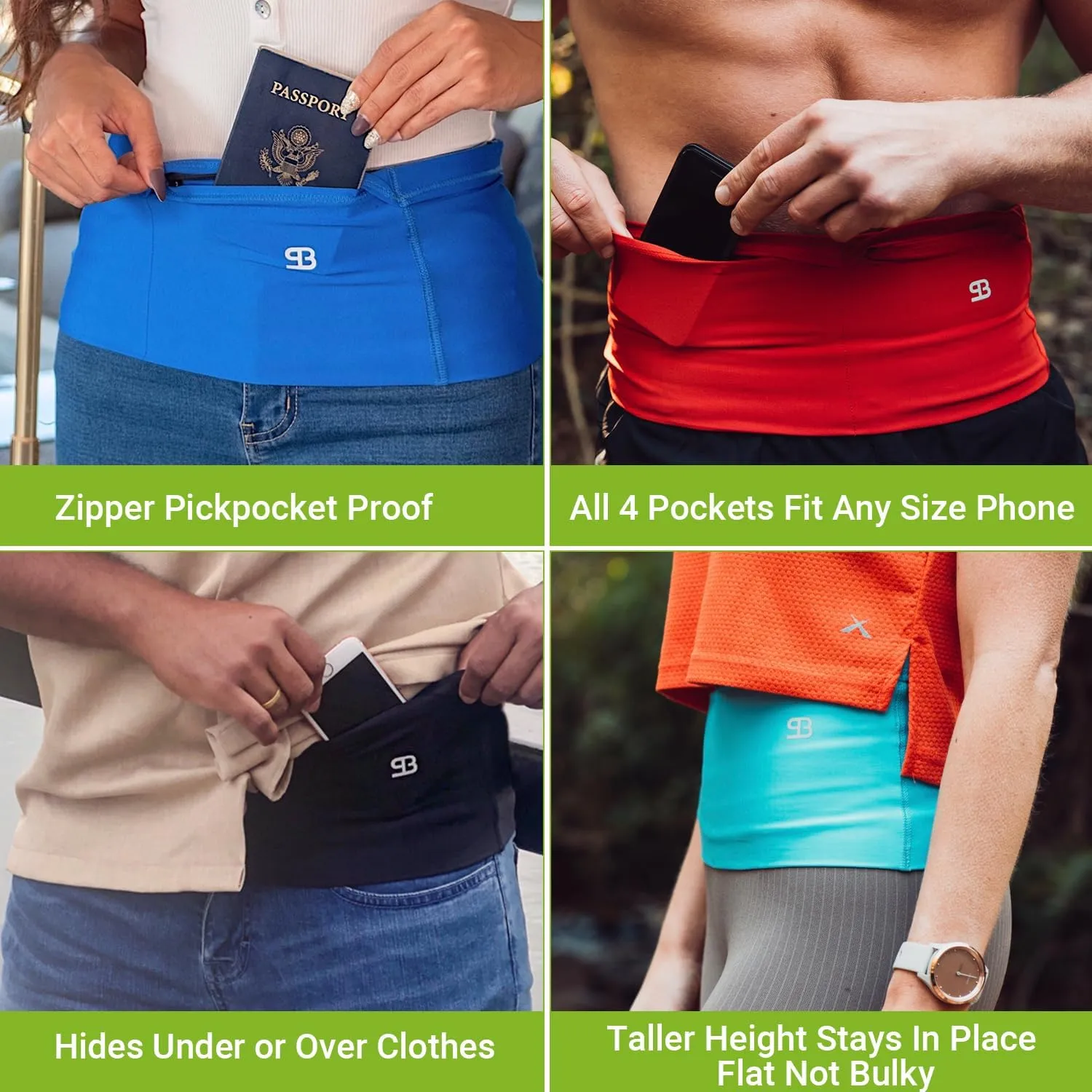 StashBandz Running Belt for Women & Men  Money Belt with 4 Large Secure Pockets (1 Zippered) | Fanny Pack & Phone Holder for Running, Travel, Hiking, and Workouts