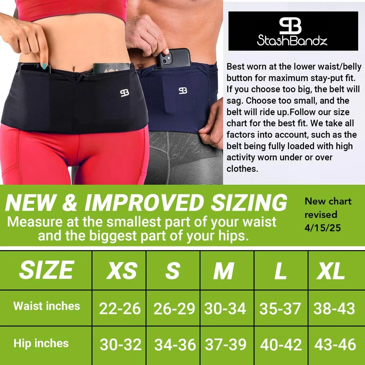StashBandz Running Belt for Women & Men  Money Belt with 4 Large Secure Pockets (1 Zippered) | Fanny Pack & Phone Holder for Running, Travel, Hiking, and Workouts