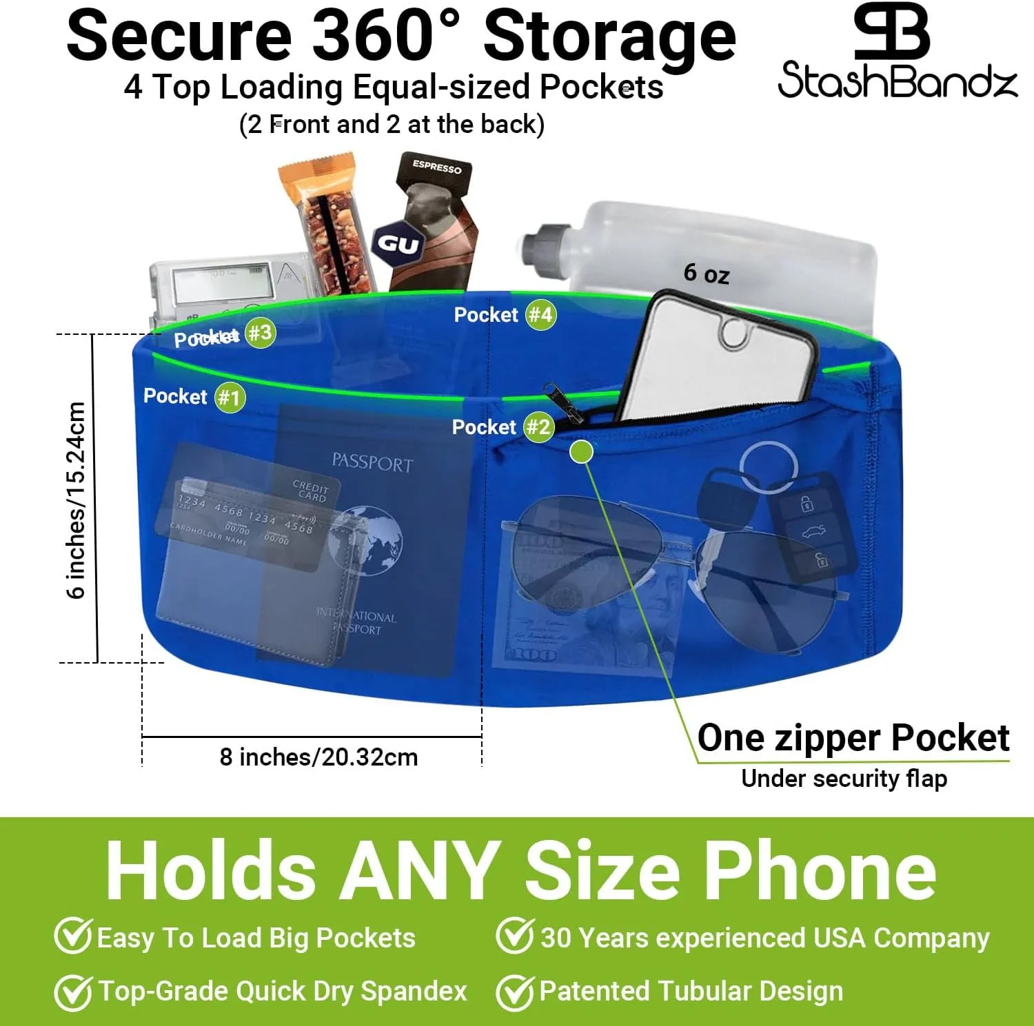 StashBandz Running Belt for Women & Men  Money Belt with 4 Large Secure Pockets (1 Zippered) | Fanny Pack & Phone Holder for Running, Travel, Hiking, and Workouts