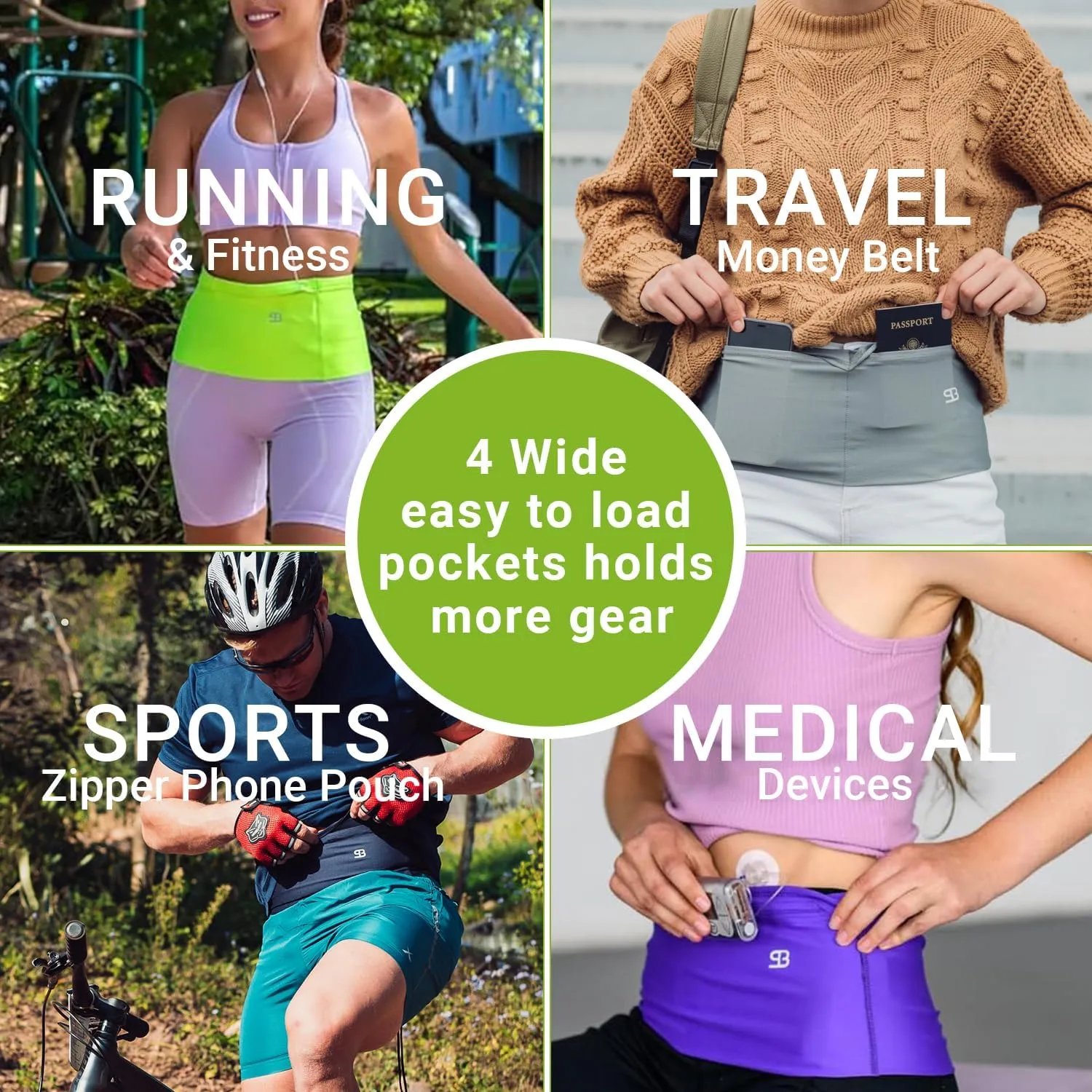 StashBandz Running Belt for Women & Men  Money Belt with 4 Large Secure Pockets (1 Zippered) | Fanny Pack & Phone Holder for Running, Travel, Hiking, and Workouts