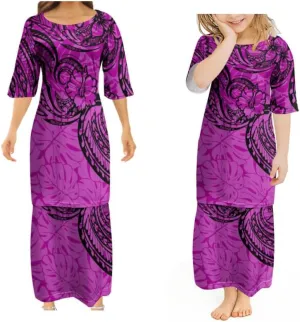 Summer Crewneck Short Sleeved Puletasi Loose Top and Skirt Custom Polynesian Print Tribal Dress Casual Long Skirt