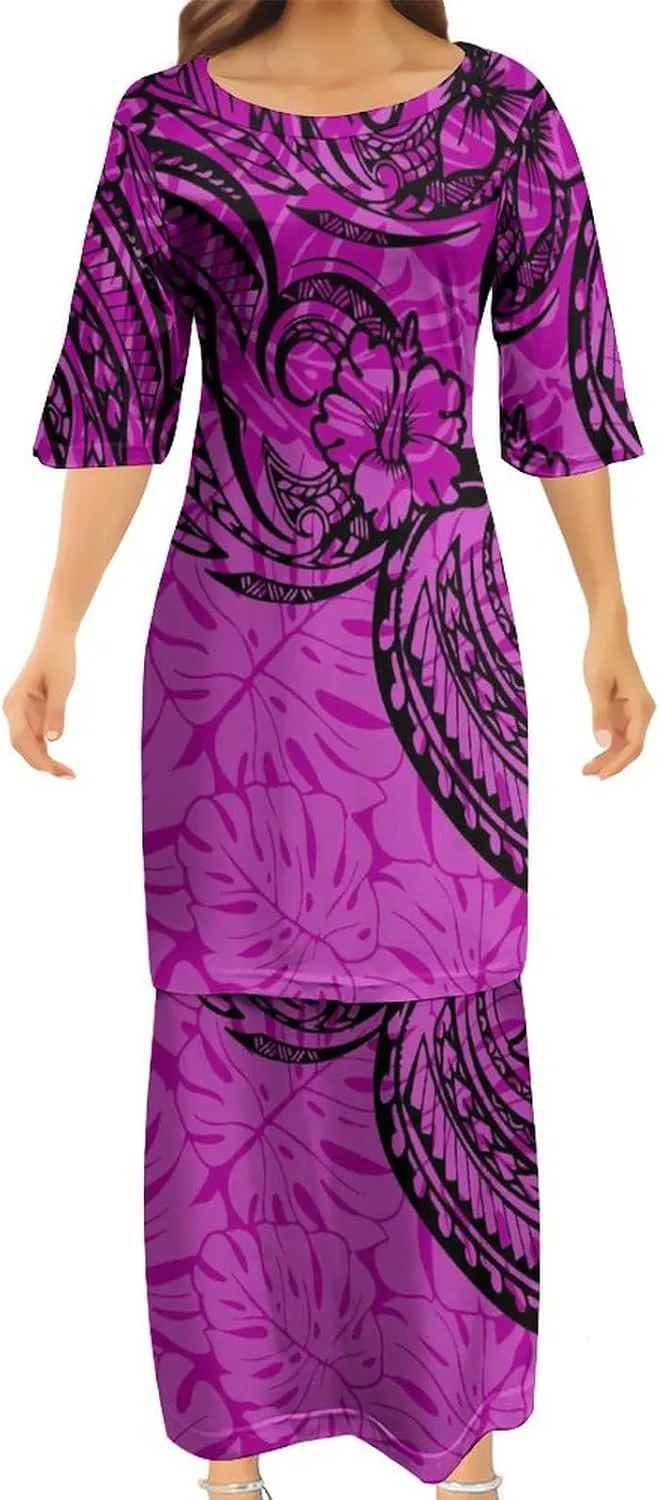 Summer Crewneck Short Sleeved Puletasi Loose Top and Skirt Custom Polynesian Print Tribal Dress Casual Long Skirt