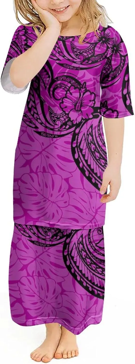Summer Crewneck Short Sleeved Puletasi Loose Top and Skirt Custom Polynesian Print Tribal Dress Casual Long Skirt