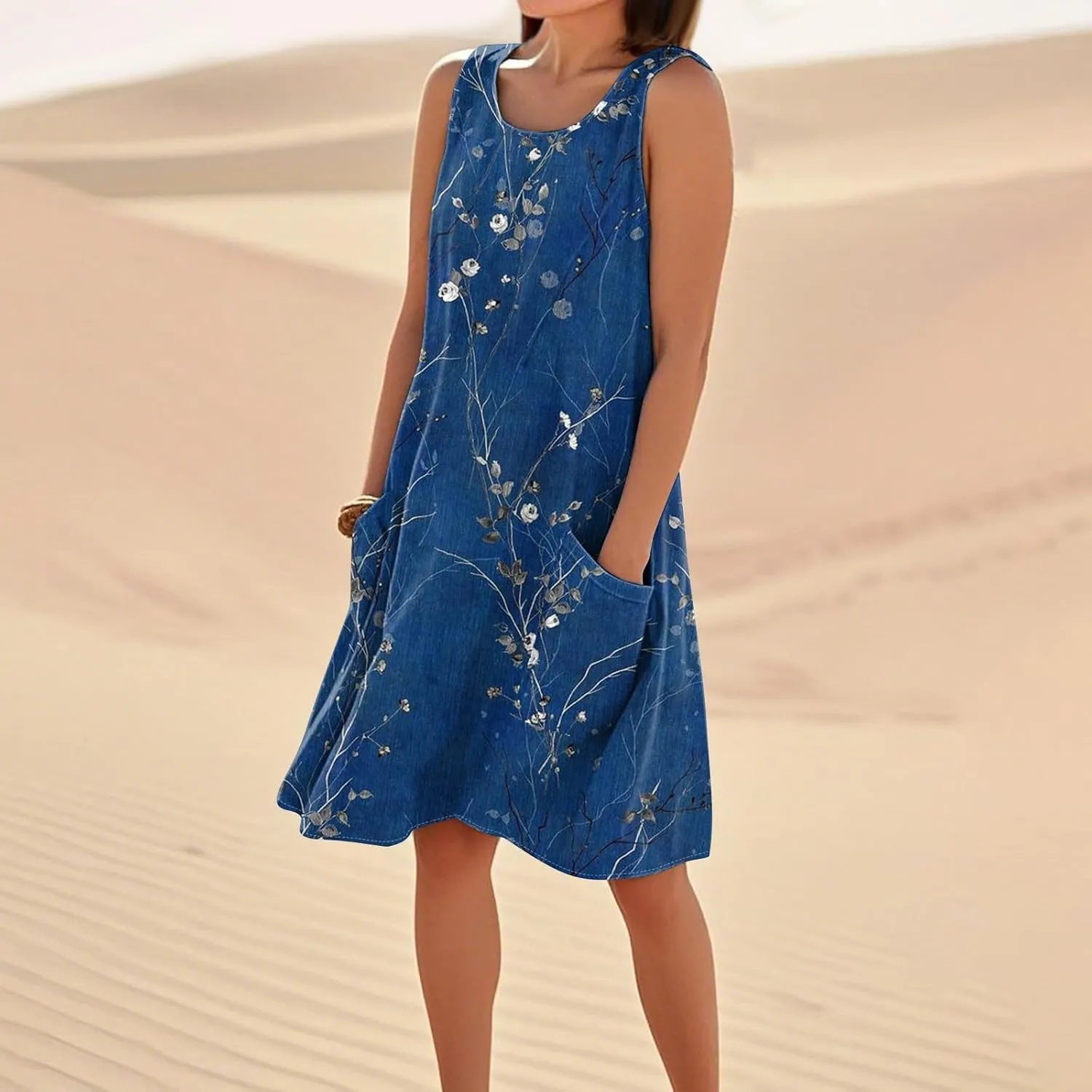 Summer Dresses for Women 2025 Beach Sleeveless Linen Midi Dress Flowy Plus Size Boho Long Sun Dresses with Pocket
