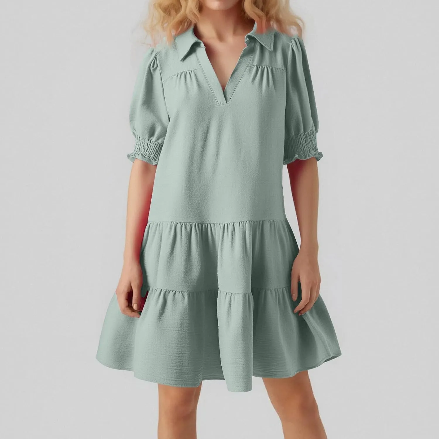 Summer Dresses for Women 2025 Casual Lapel Collared V Neck Mid Sleeved Pleated Midi Dresses Short Sleeve Solid Dresses