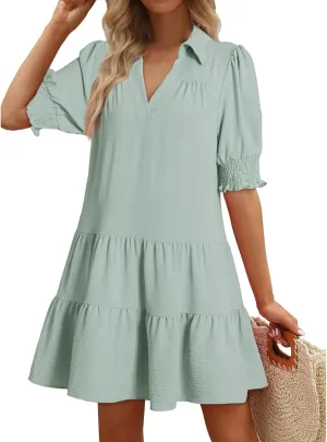 Summer Dresses for Women 2025 Casual Lapel Collared V Neck Mid Sleeved Pleated Midi Dresses Short Sleeve Solid Dresses