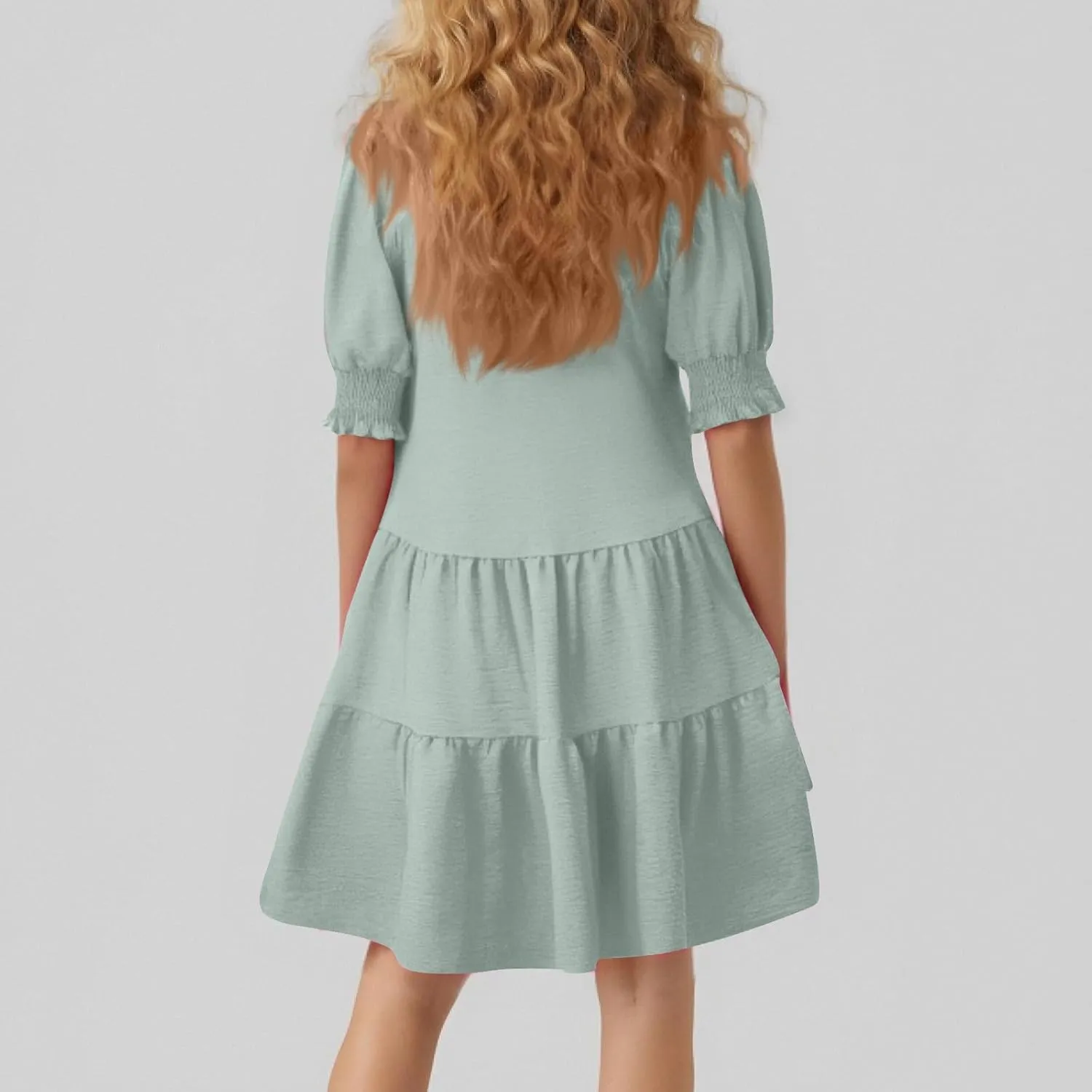 Summer Dresses for Women 2025 Casual Lapel Collared V Neck Mid Sleeved Pleated Midi Dresses Short Sleeve Solid Dresses