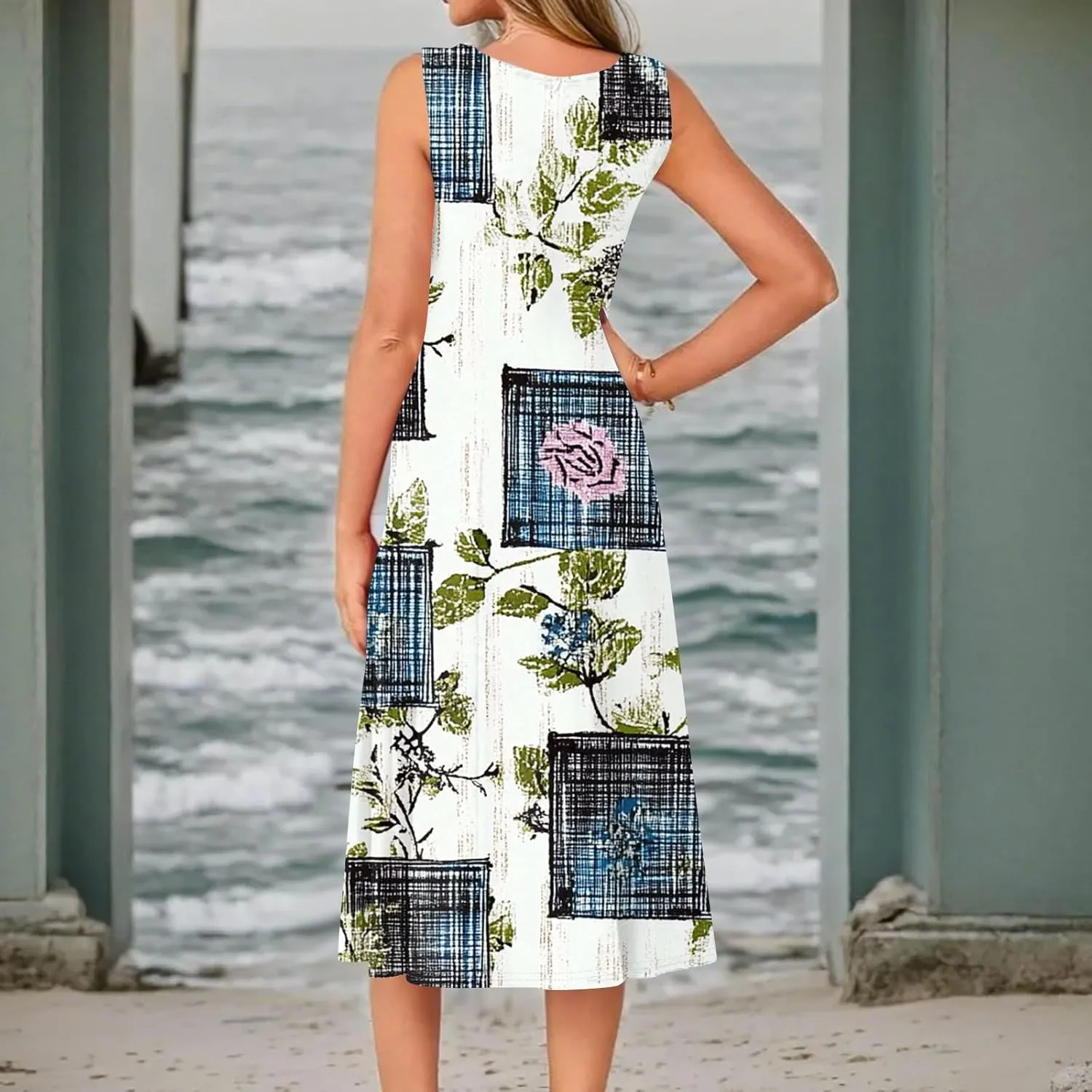 Summer Dresses for Women 2025 Midi Short Sleeve Crew Neck Sleeveless Dresses Beach Sundress with Side Pocket A Line Dress