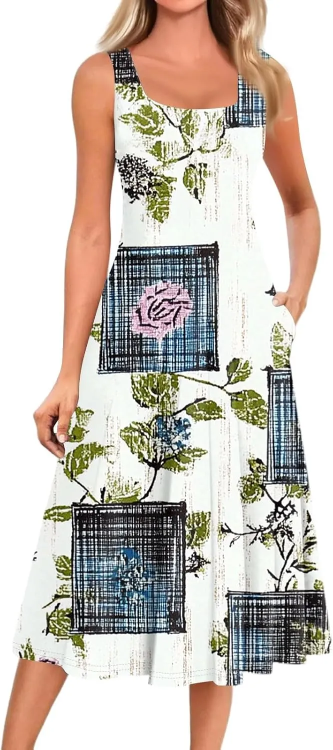 Summer Dresses for Women 2025 Midi Short Sleeve Crew Neck Sleeveless Dresses Beach Sundress with Side Pocket A Line Dress