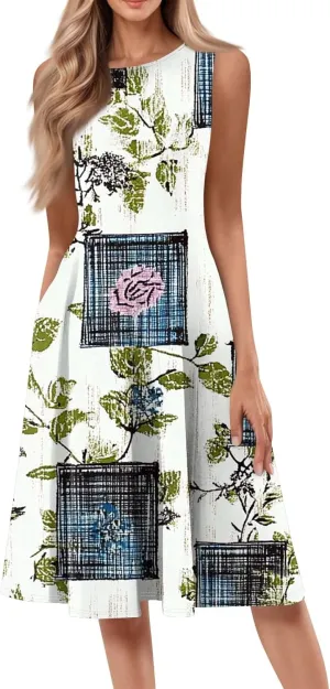 Summer Dresses for Women 2025 Midi Short Sleeve Crew Neck Sleeveless Dresses Beach Sundress with Side Pocket A Line Dress