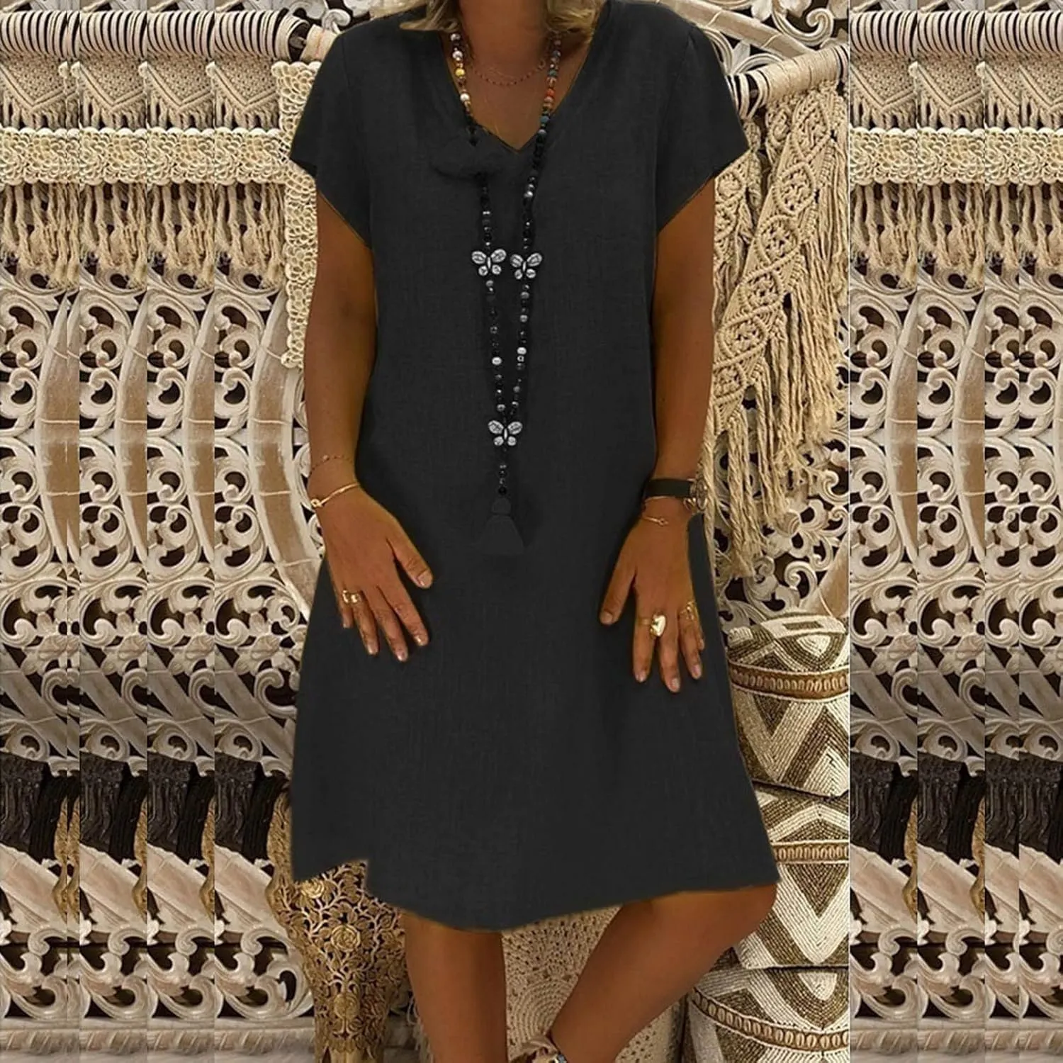 Summer Dresses for Women 2025 Plus Size V Neck Short Sleeve Midi Dress Casual Solid Loose Going Out Party Sundresses
