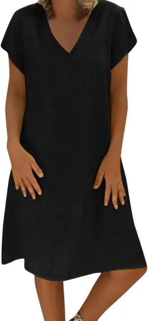 Summer Dresses for Women 2025 Plus Size V Neck Short Sleeve Midi Dress Casual Solid Loose Going Out Party Sundresses