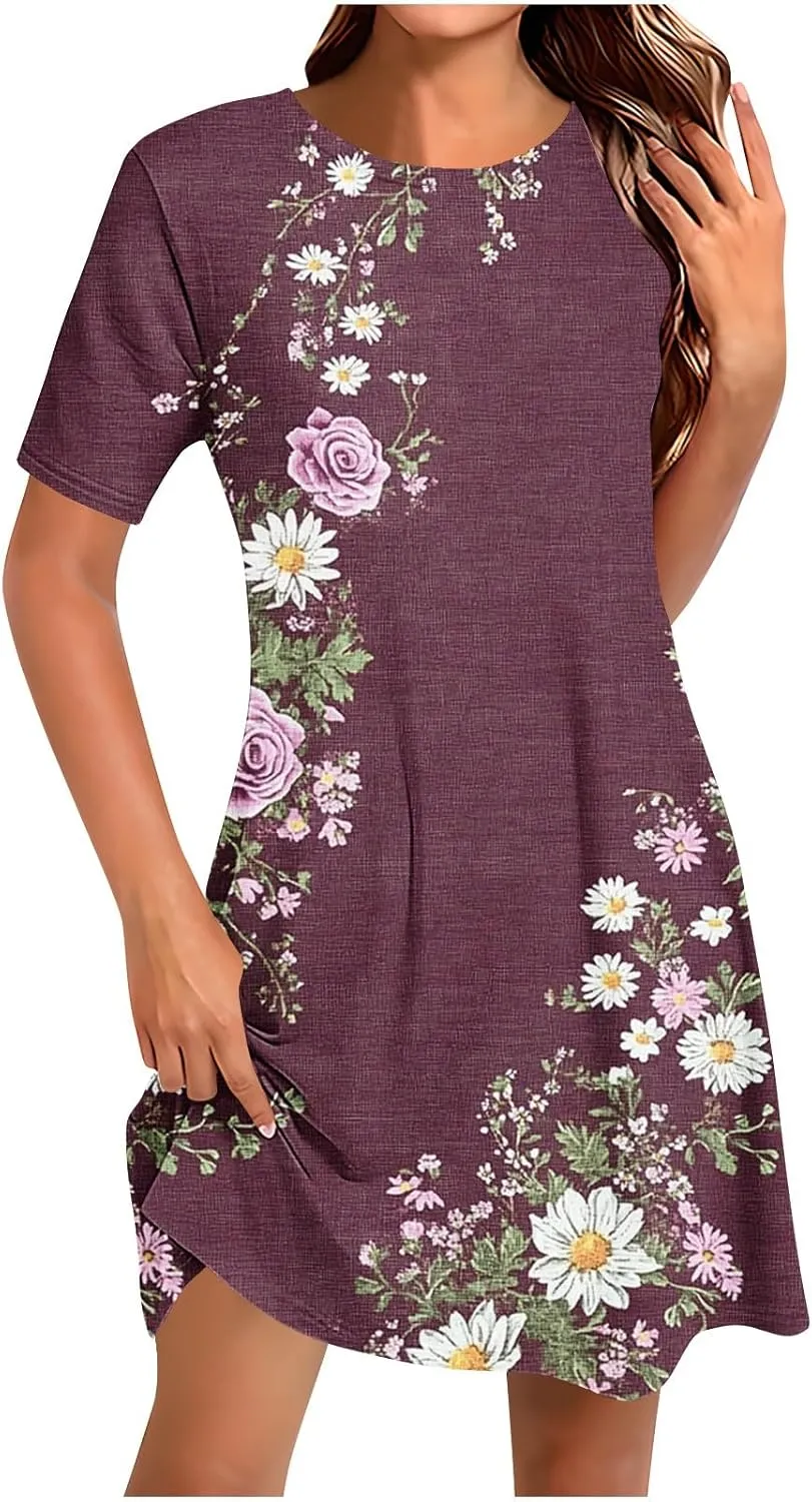 Summer Dresses for Women 2025 Vacation Plus Size Floral Printed Short Sleeve Dress Comfy Casual Crewneck Mini Dress