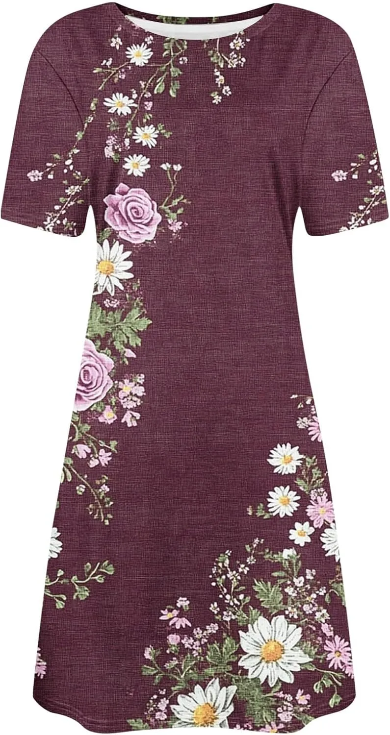 Summer Dresses for Women 2025 Vacation Plus Size Floral Printed Short Sleeve Dress Comfy Casual Crewneck Mini Dress