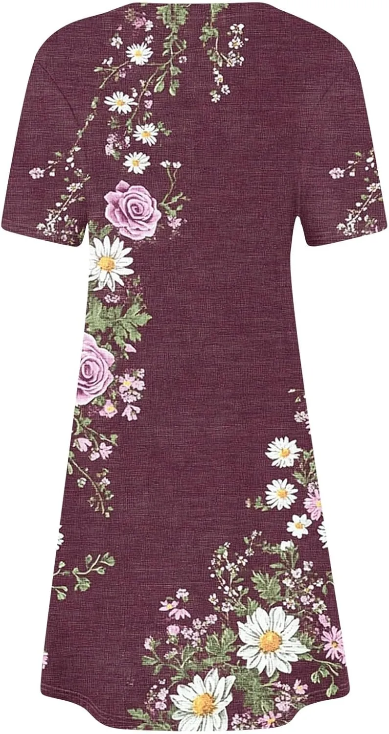 Summer Dresses for Women 2025 Vacation Plus Size Floral Printed Short Sleeve Dress Comfy Casual Crewneck Mini Dress