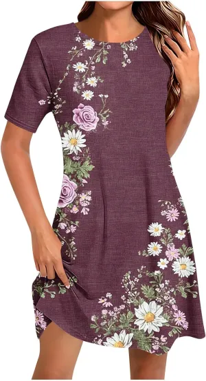 Summer Dresses for Women 2025 Vacation Plus Size Floral Printed Short Sleeve Dress Comfy Casual Crewneck Mini Dress