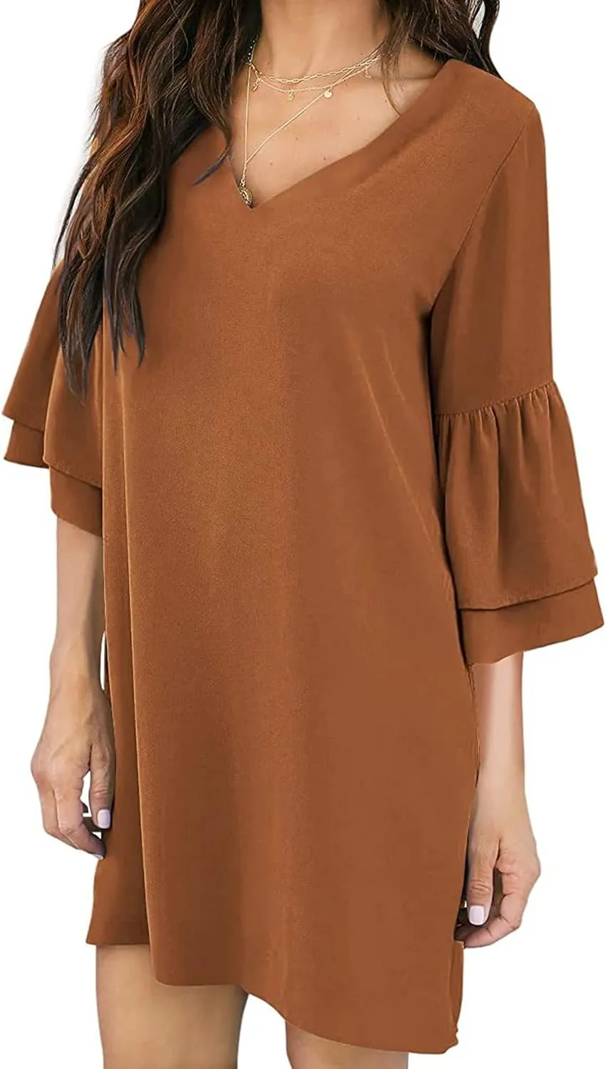 Summer Dresses for Women Casual V Neck Ruffle 3/4 Sleeve Mini Dress Elegant Baggy Solid Color Beach Shift Sundress