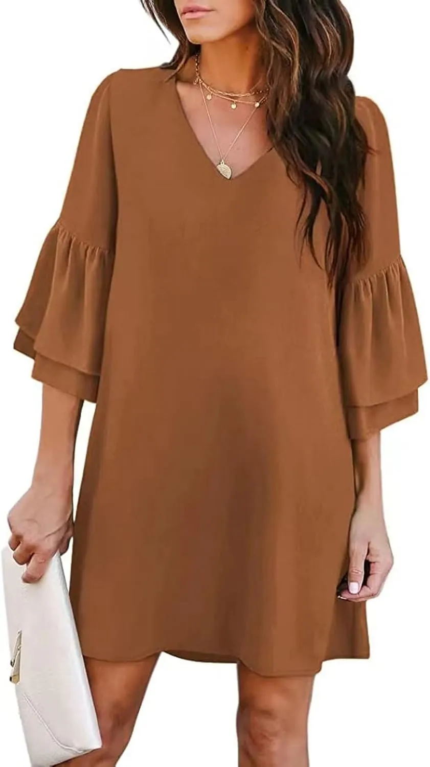 Summer Dresses for Women Casual V Neck Ruffle 3/4 Sleeve Mini Dress Elegant Baggy Solid Color Beach Shift Sundress