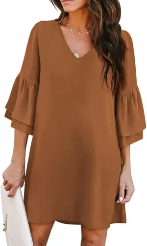 Summer Dresses for Women Casual V Neck Ruffle 3/4 Sleeve Mini Dress Elegant Baggy Solid Color Beach Shift Sundress