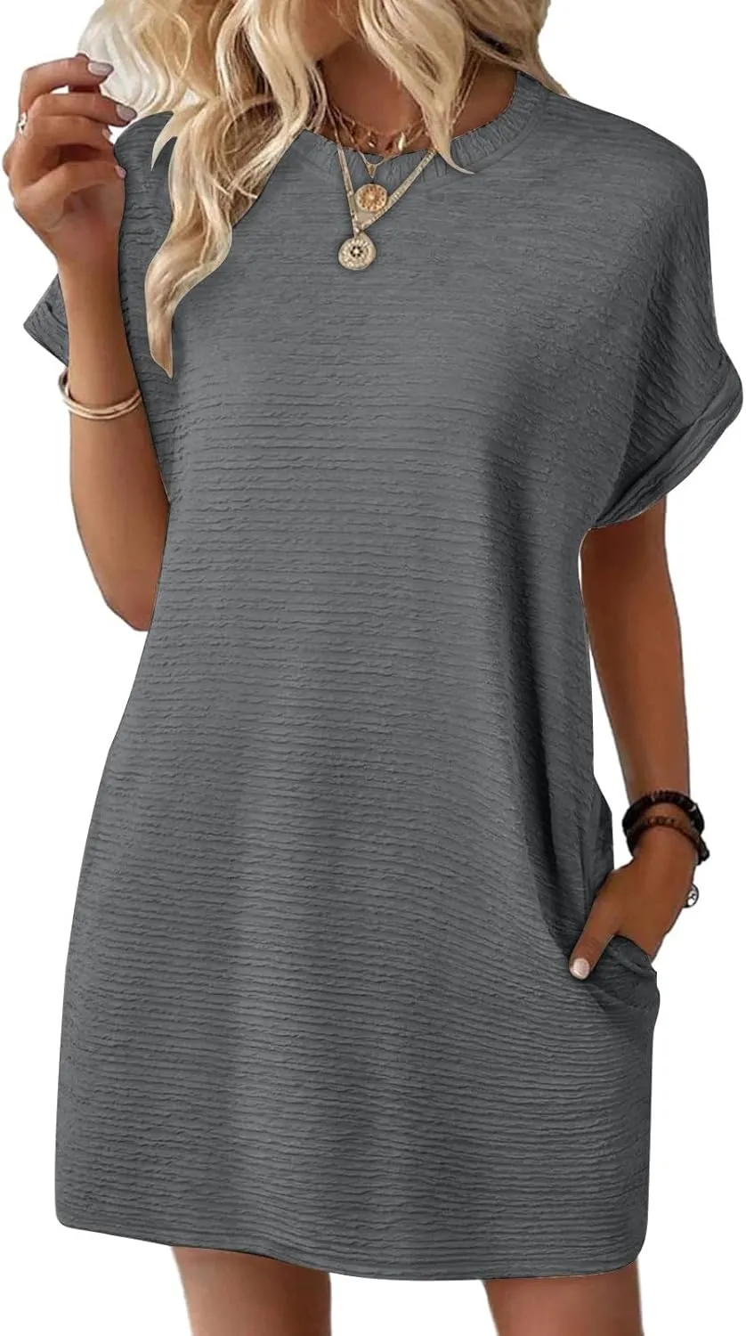 Summer Dresses for Women Plus Size Trendy Loose Fit Textured Chiffon Mini Dress Fashion Short Sleeve Round Neck Dress