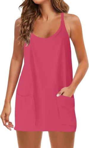 Summer Dresses for Women Sleeveless Mini Crew Neck Dress Spaghetti Strap Sundress Athletic Short Dress with Pockets