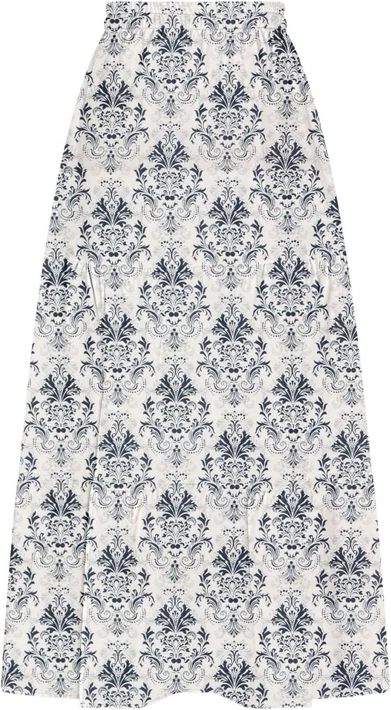 Summer Floral Print Midi Skirt for Women Tiered Long Skirt Elastic High Waist Pleated Skirts Casual Side Split Trendy Skirts